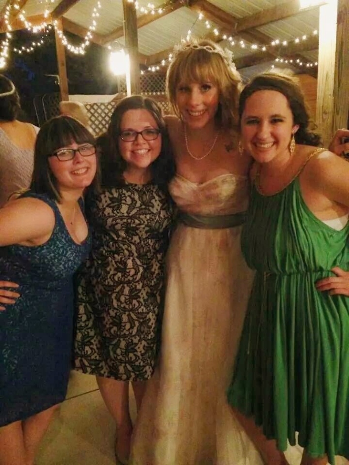 My friends Lyssa and Katie, the bride Jess in her stunning floral wedding dress, and me!